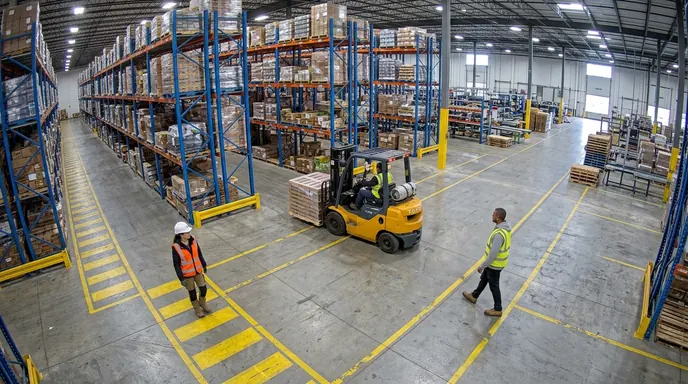 Security camera view of a warehouse cross aisle: a forklift carrying a pallet turns out of a racking aisle while one worker in a hard hat stands in the painted walkway and another, without a hard hat, walks across the forklift lane.