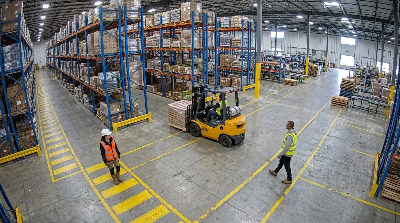Security camera view of a warehouse cross aisle: a forklift carrying a pallet turns out of a racking aisle while one worker in a hard hat stands in the painted walkway and another, without a hard hat, walks across the forklift lane.