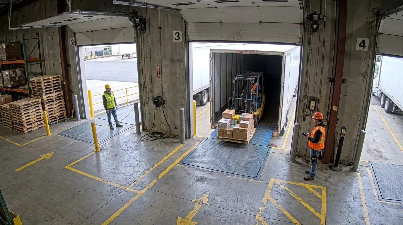 Security camera view of a distribution center loading dock: a forklift loads a trailer at door 3, a worker with a scanner stands to the right, and another worker stands at open door 2, where no trailer is parked.