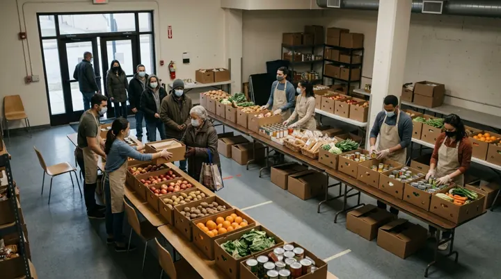 Security camera view of a community food bank distribution hall: volunteers in aprons hand out boxes of produce to clients waiting in line.