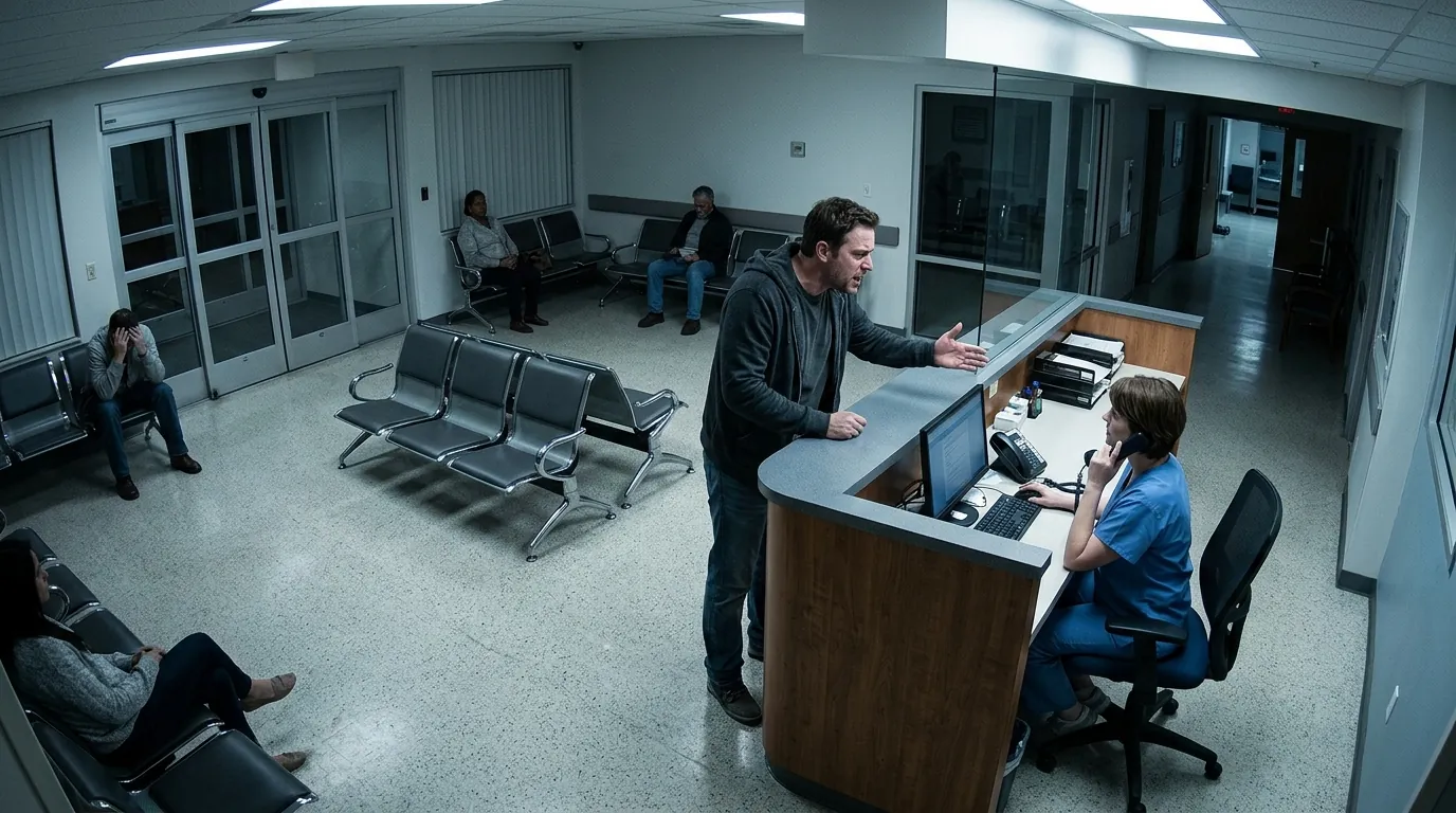 Security camera view of a hospital emergency department waiting room at night: a man leans over the reception counter gesturing at a nurse on the phone.