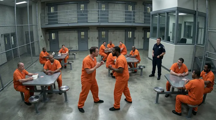 Security camera view of a correctional facility dayroom: two men in orange jumpsuits face off in the center while others sit at tables and an officer watches from the station.