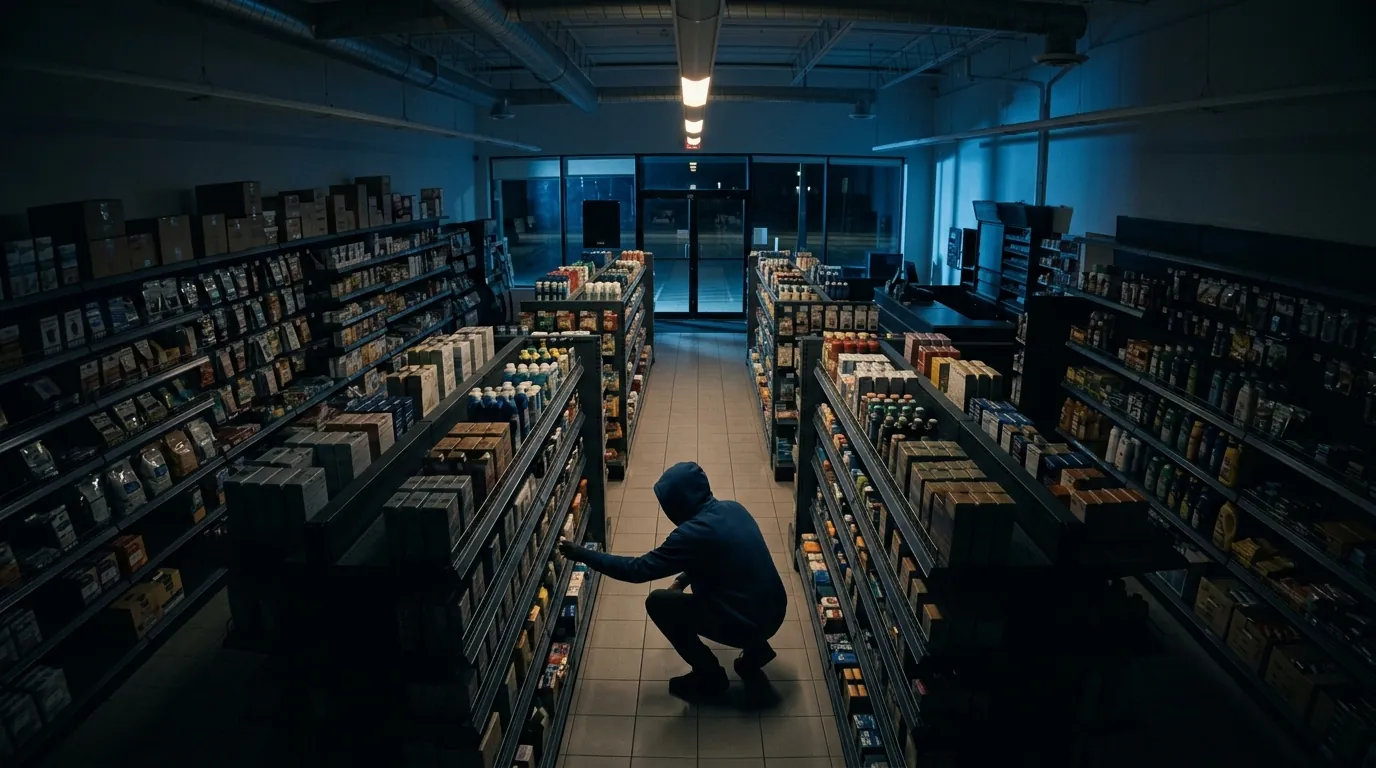 Security camera view of a closed retail store at night: a person in a dark hoodie crouches in an aisle reaching toward a shelf.