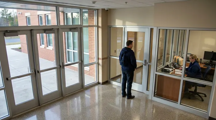 Security camera view of a school's secure entry vestibule: an adult visitor waits at the locked inner door while a staff member works behind the front office window.