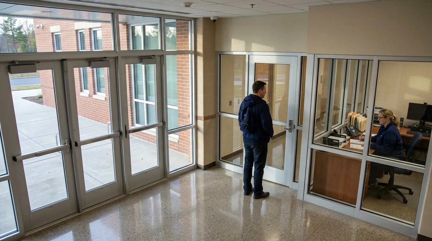 Security camera view of a school's secure entry vestibule: an adult visitor waits at the locked inner door while a staff member works behind the front office window.