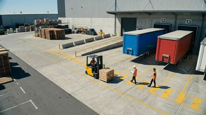 Security camera view of a distribution center loading yard in daylight: a forklift carrying a pallet and two workers in high-visibility vests, one without a hard hat.