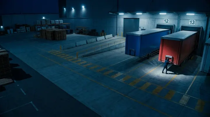 The same loading yard at night: an empty lot under flood lights and one person in a dark hoodie at the rear doors of a trailer at dock 13.